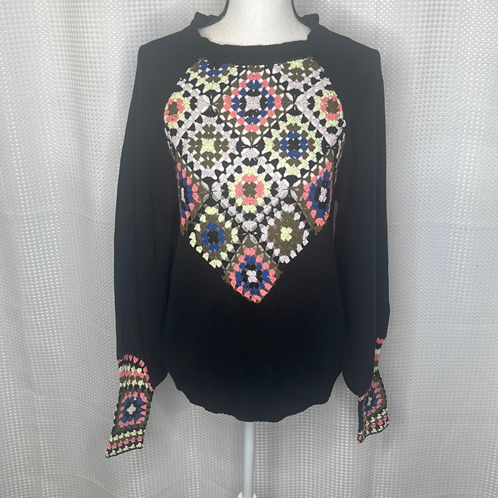 H by Halston Black Sweater with Multicolor Crochet Front